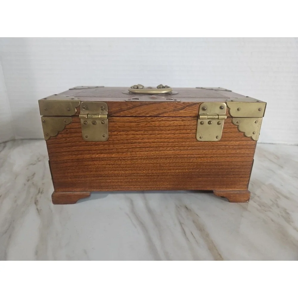 Antique Chinese Wood Jewelry Box Ornate Brass Accents Lined Pull Out Shelf